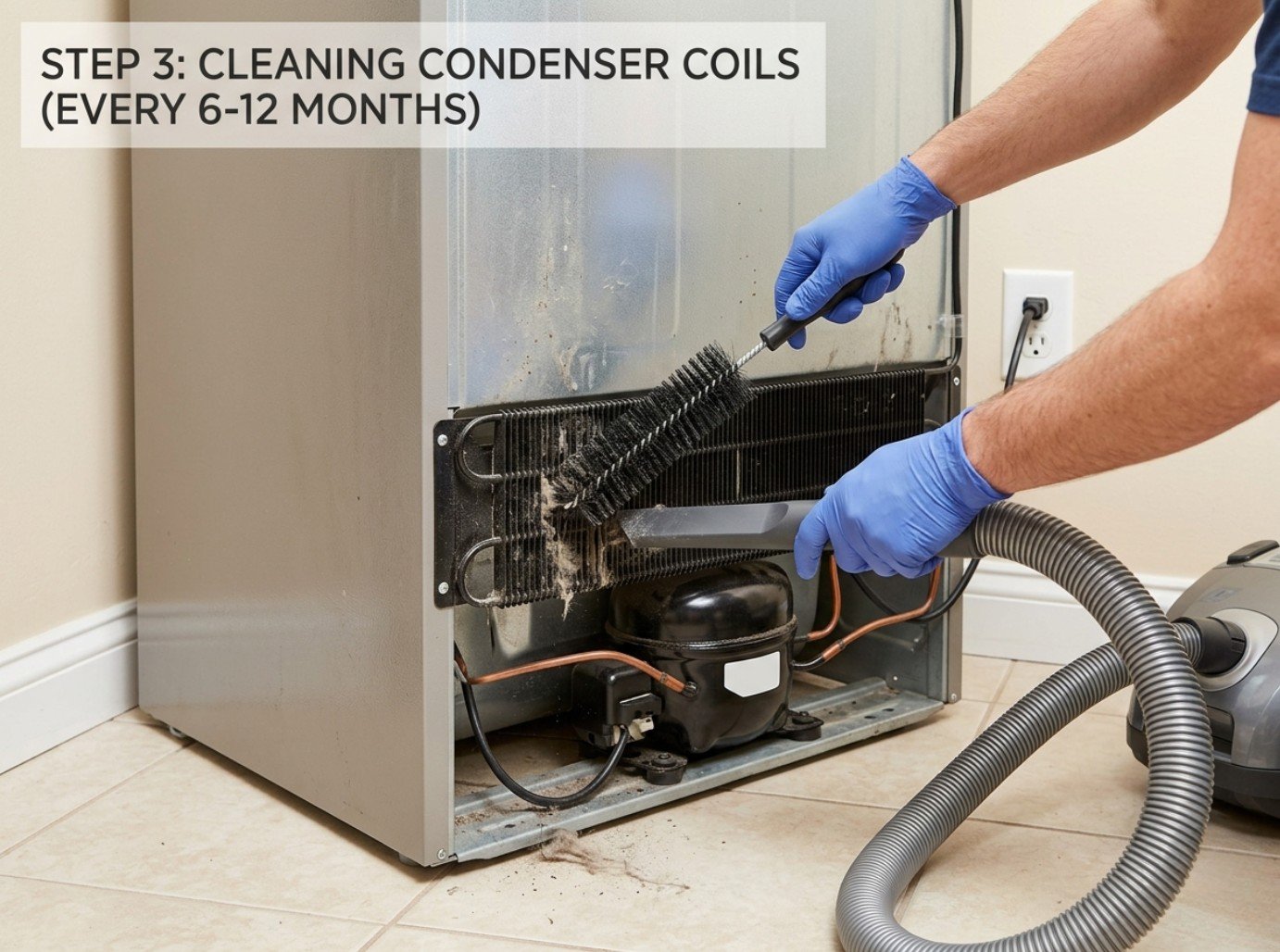 Cleaning refrigerator condenser coils with brush and vacuum to improve cooling performance