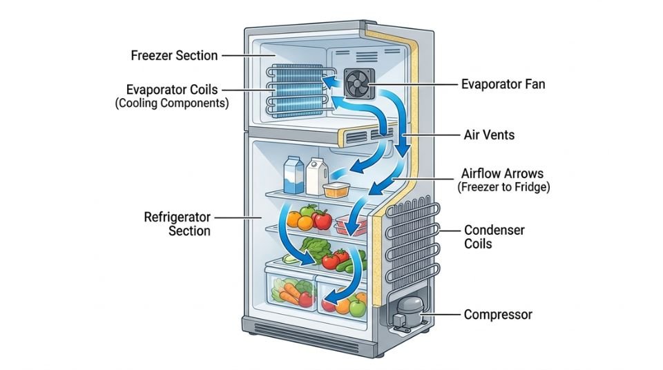 Refrigerator airflow and cooling system diagram showing how cold air circulates from freezer to fridge
