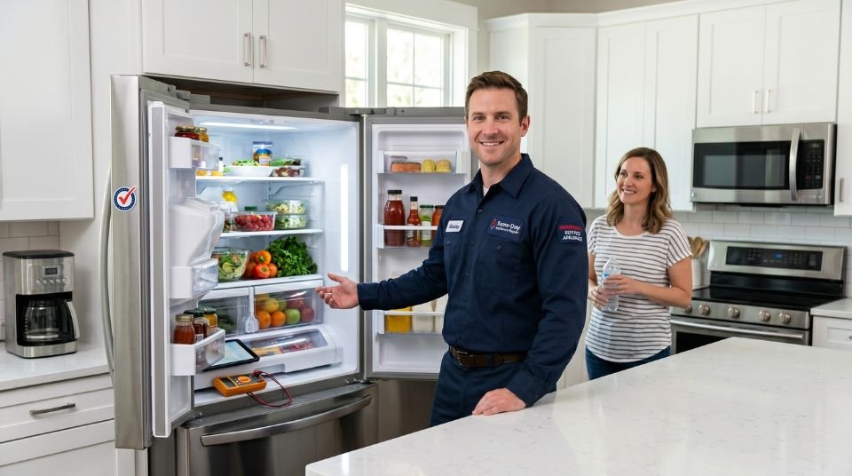 Same-day refrigerator repair technician fixing a water leak for a homeowner
